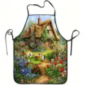 Detail view of cotton kitchen apron featuring vibrant countryside cottage landscape print design. - Countryside House