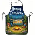 Camping theme print detail on the kitchen apron, featuring a cozy camper van and campfire graphic. - Happy Campers