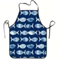 Detailed view of the blue watercolor fish print kitchen apron with neat black binding and straps. - Blue Fish