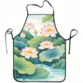 Vintage lotus print kitchen apron with black trim, elegant watercolor floral design cooking bib. - Floral Style 5 (TQWQ02-5)