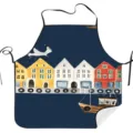 Nordic harbor print kitchen apron detail, watercolor style houses and seagull pattern fabric. - Nordic Harbor