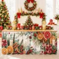 Weihnachtstischrock wasserdicht festlich botanischer Druck Tischabdeckung für Feiertag - Festlicher Obst- und Kiefernzweig-Stil (ZQUN17-55)