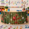 Gonna da tavolo di Natale decorativa festiva verde per tavolo da pranzo e tavolino - Sfondo Verde con Stampa di Palline Colorate e Pigne (ZQUN11-38) / 140*75CM