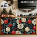 Christmas cabinet curtain detail showing vibrant poinsettia and bauble print design. - Poinsettia Christmas Ball