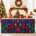 Weihnachten Tischdecke wasserdicht Polyester Esstisch Dekoration festliche Party Abdeckung - Dunkelblaues Rentier- und Glocken-Stil (ZQUN17-44)