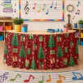 Vista dettagliata della gonna da tavolo di Natale con alberi festivi e regali rossi. - Sfondo Rosso con Stampa di Albero di Natale e Confezione Regalo (ZQUN11-37) / 140*75CM