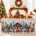 Weihnachtstischrock wasserdicht Polyester festliche Tischdeko Winter Schneelandschaft - Weihnachtsschneehütten-Stil (ZQUN17-42)