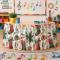 Dettaglio gonna da tavolo natalizia con motivi festivi per decorazioni per feste di Natale. - Stampa di calze e regali di Natale (ZQUN11-32) / 140*75CM