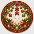 Festive red and gold Christmas tree skirt with bells and bows, perfect holiday decoration. - Gold Bell Style (SQB1-12)