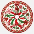 Festive Christmas tree skirt with red white peppermint candy and green swirl holiday decor - Candy Stripe Style (SQB1-13)
