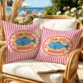 Retro sardine tin print throw pillow cover, American vintage seaside vacation sofa cushion. - Pink And White Vertical Striped Style (CDR499-5) / 45x45cm