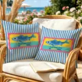Detailed view of coastal vintage sardine tin print throw pillow cover in a seaside setting. - Blue And White Striped Style (CDR499-1) / 45x45cm