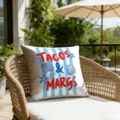 Detailed view of beach style throw pillow cover with blue stripes, shells, and fun summer text. - Tacos Margaritas Style (CDR492-7) / 45*45cm Short Plush Single Sided