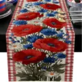Centro tavola in tessuto con Papaveri rossi e fiordalisi blu per decorazione festiva. - 33*183cm / Floreale Plaid Rosso Blu (ZQ227-17)