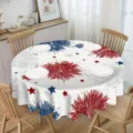 Detailed scene showing a round patriotic tablecloth with red, white and blue fireworks designs. - Brushed Fabric (ZB226-5) / Round Diameter 150cm