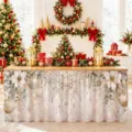 Weihnachts-Tischrock wasserdicht Polyester festliche Dekoration Winter Schnee Design Variante - Weißgold-Weihnachtsblumen-Stil (ZQUN17-29)