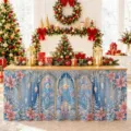 Weihnachts-Tischrock wasserdicht Polyester festliche Dekoration Esstisch Abdeckung blau Winter - Gotischer Bogen Schneelandschaft Stil (ZQUN17-31)