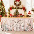 Festlicher Weihnachtstischrock mit niedlichem weißem Hirsch, wasserdichtes Polyester. - Winter Weißer Hirsch Pflanze Stil (ZQUN17-33)