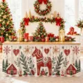 Weihnachtstischrock mit Dala-Pferd-Motiv und Schneeflocken fuer die festliche Partydeko - Dala Pferd und Weihnachtshaus (ZQUN17-40)