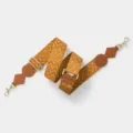 Close-up of adjustable wide bag replacement strap with geometric woven pattern and leather tabs. - Brown