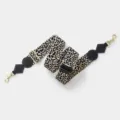 Leopard print wide bag strap replacement with black leather trim and gold hardware details. - Light Gold Buckle / Black
