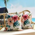 Close-up detail of Nordic floral throw pillowcase with fresh watercolor print for home decor. - Blue Watercolor Leaves Style (DYM474-6) / Two Pieces Pack (45x45cm)