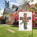 Detailed view of the Easter garden flag featuring floral tulip and cross print for spring decor. - Black White Plaid Cross Red Tulip (HYQ71-15)