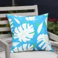 Outdoor waterproof tropical leaf pillow cover, blue cushion case detail view for home sofa decor. - Blue Tropical Monstera (DYM472-3) / 45x45cm