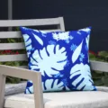 Outdoor waterproof tropical leaf pillow cover, blue monstera pattern cushion detail shot. - Light Blue White Tropical (DYM472-8) / 45x45cm