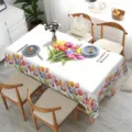 Detailed view of colorful watercolor tulip pattern tablecloth in a modern dining room scene setup. - 40x60cm Brushed Fabric / ZB711-4
