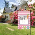 Detailed garden flag scene showing pink striped background, cute Easter bunnies, and carrot decor. - Pink White Stripes Rabbit Carrot (HYQ71-5)