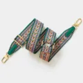 Colorful chevron woven adjustable bag strap with gold hardware and green leather ends. - Gold Buckle / Green