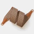 Replacement wide shoulder strap with chevron pattern and brown leather ends for bags. - 70cm Gold O-Ring / Brown Wave Pattern