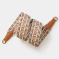Replacement wide bag strap, polyester woven geometric pattern with brown leather ends. - 70cm Gold O-Ring / Beige Multicolor Geometric