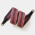Woven replacement bag strap featuring red blue white chevron pattern and black leather ends. - 70cm Gold O-Ring / Red Blue White Wave