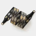 Stylish wide replacement bag strap with classic argyle pattern and durable leather ends. - 70cm Gold O-Ring / Black Gray Gold Argyle