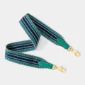 Wide woven bag strap replacement, blue and green striped canvas with leather ends and gold hardware. - Green Webbing with Gold Buckle