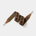 Vervangende bruine canvas schoudertasband met geometrisch borduurwerk en lederen uiteinden. - Breedte 5cm Lengte 70cm / Bruine Band Zilveren Gesp