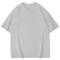 Detailed view of the casual grey short sleeve crewneck t-shirt fabric and collar finish. - Light Gray
