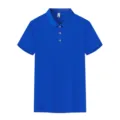 Close-up detail of blue polo shirt collar and button placket, breathable fabric texture. - Sapphire Blue