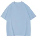 Close up view of the soft light blue cotton fabric texture and neat neckline detail. - Sky Blue