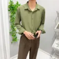 Men long-sleeved shirt olive green turn-down collar casual business buttoned top variant. - S / Tops / Army Green