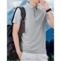 Close-up view of a men's short-sleeve summer polo shirt in light gray with mountain scene. - M / Tops / Light Gray