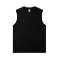 Detailed close-up view of black cotton tank top collar, showing breathable soft fabric. - S / Tops / Black