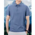 Detail view of men summer seamless cooling polo shirt short sleeve business casual apparel. - Grey Blue