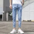 Men's light blue cropped stretch slim fit casual denim jeans summer variant style - 28 / Blue
