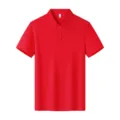 Detailed view of the red cotton short sleeve polo shirt collar and placket construction. - Bright Red