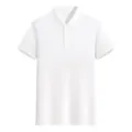 White cotton men polo shirt detail view, classic collar with three buttons, short sleeves. - M / Tops / White