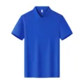 Men's solid royal blue cotton short sleeve polo shirt detail view showing collar and buttons. - Sapphire Blue