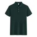 Dark green cotton polo shirt detail, classic lapel collar, three-button placket design. - Dark Green